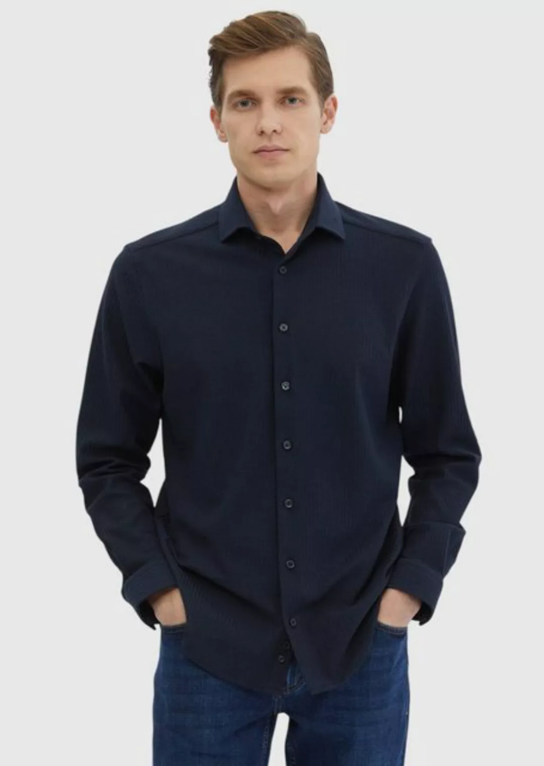 RAMSEY Langarmhemd Navy Blue Gestreiftes Freizeit-Knit Casual 100% Baumwoll günstig online kaufen