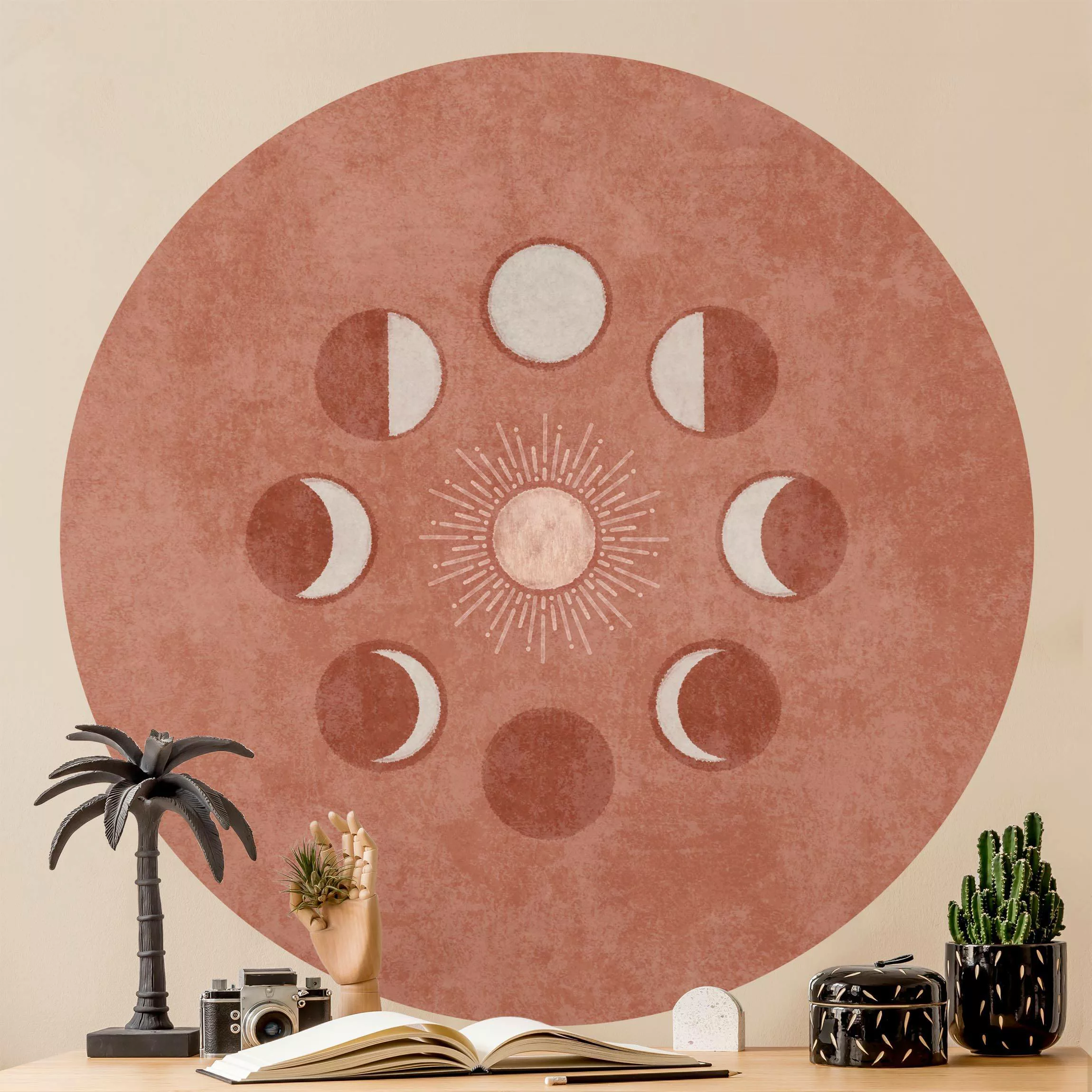 Runde Tapete selbstklebend Boho Mondphasen mit Sonne günstig online kaufen