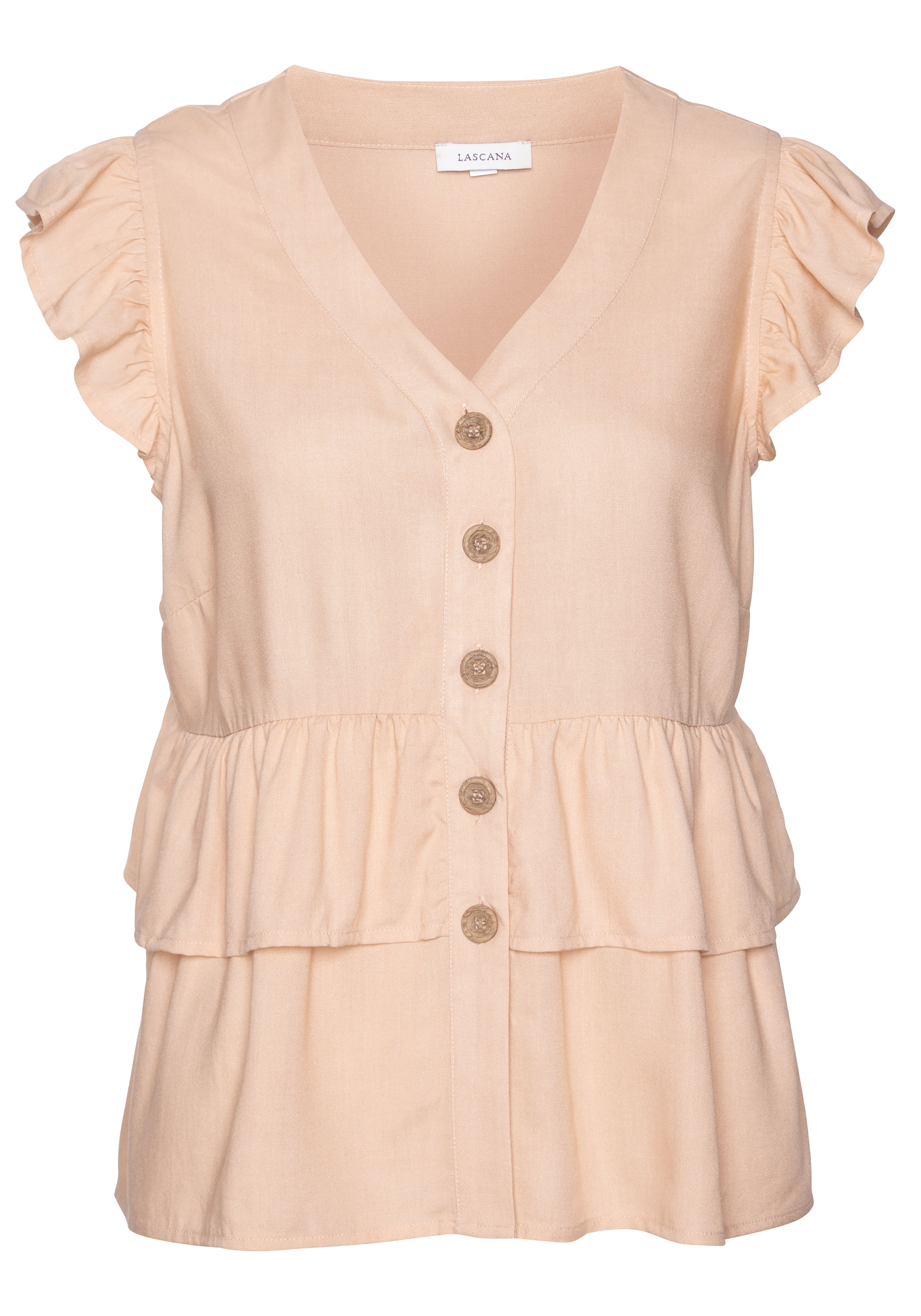 LASCANA Rüschenbluse mit kurzen Ärmeln, sommerliche Bluse mit Knopfleiste u günstig online kaufen