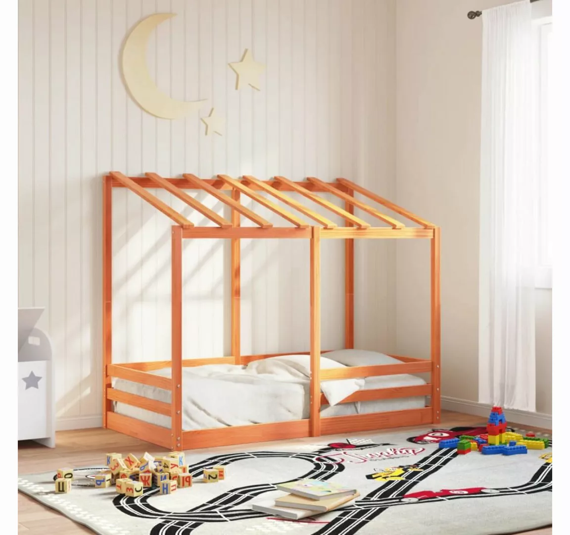 vidaXL Bett, Kinderbett mit Dach Wachsbraun 80x160 cm Massivholz Kiefer günstig online kaufen