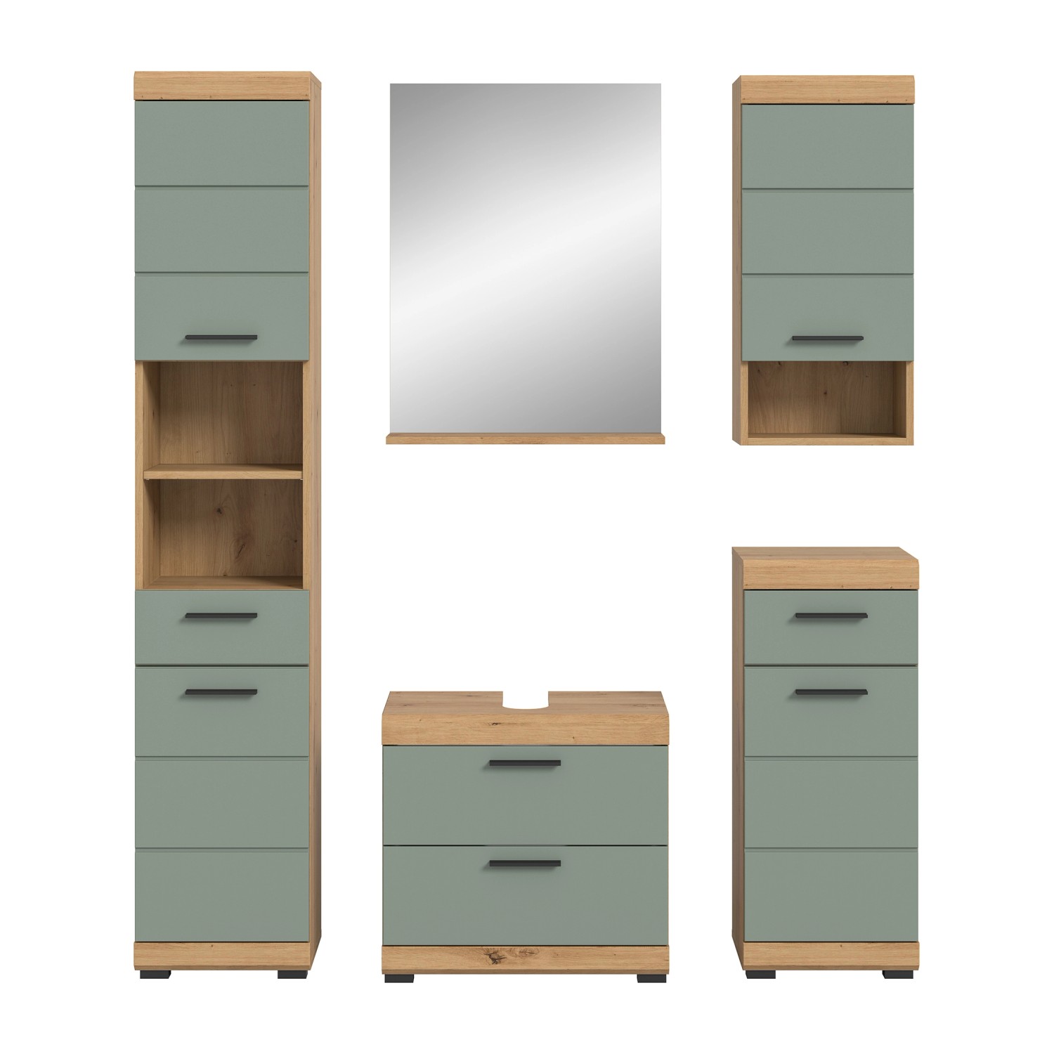 Badkombination 5-teilig mit Spiegel 164 x 191 x 34 Front Salbei FSC® günstig online kaufen