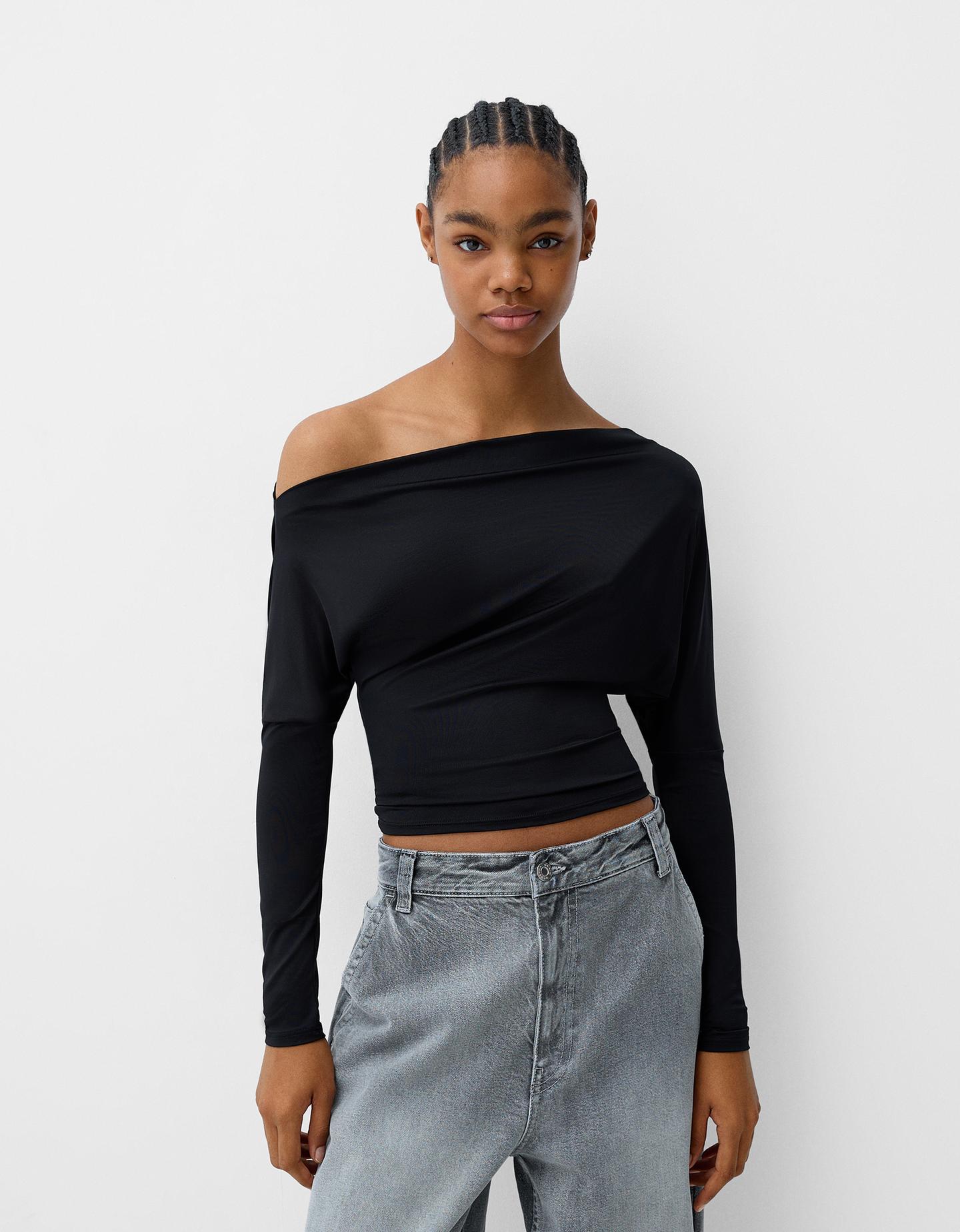 Bershka Asymmetrisches Langarmshirt Damen Xs Schwarz günstig online kaufen