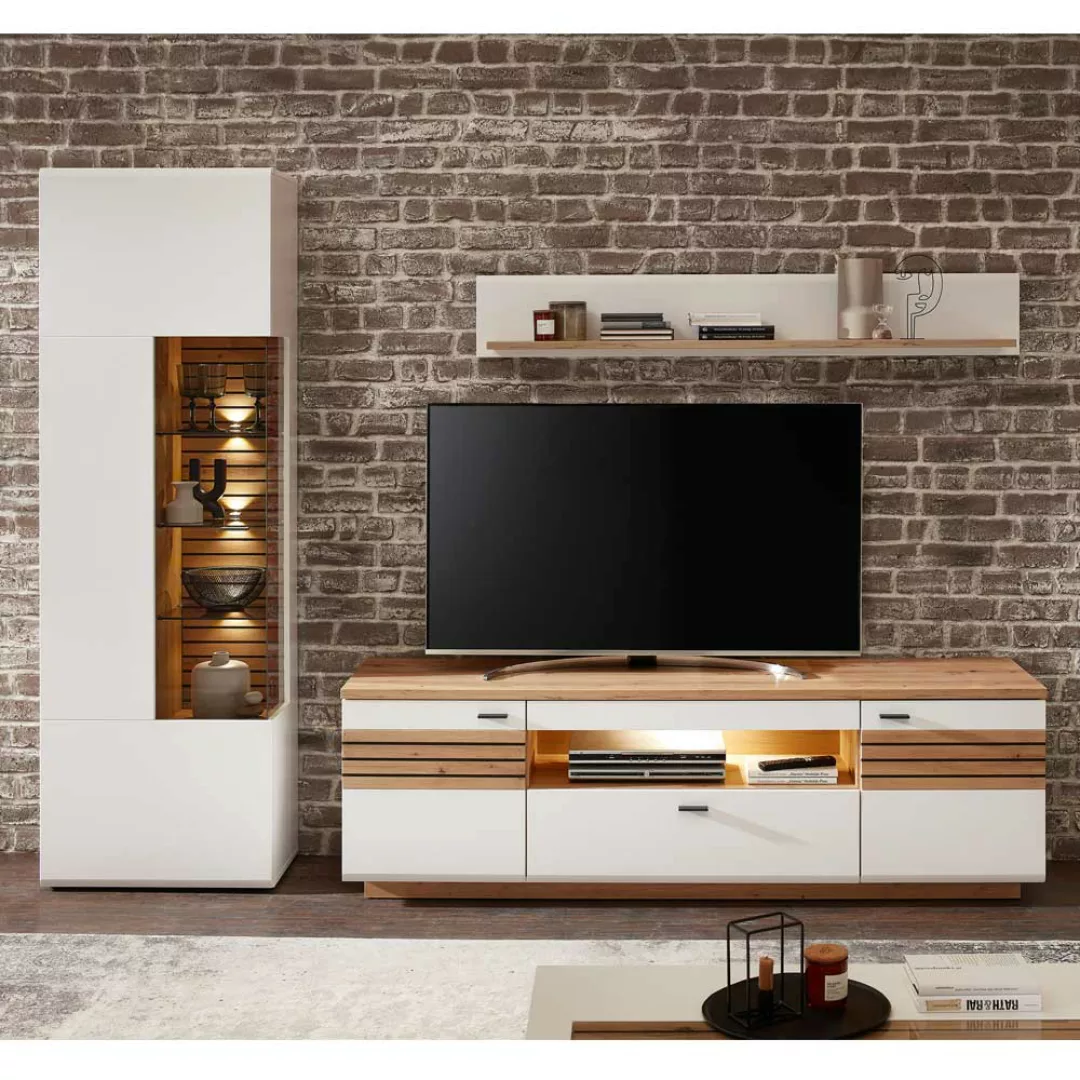 Wohnzimmerwand modern in Weiß und Wildeichefarben 201 cm hoch (dreiteilig) günstig online kaufen