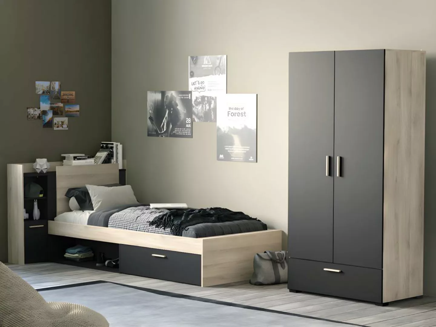 Bett mit Stauraum + Lattenrost - 90 x 200 cm - Schwarz & Holzfarben - MARTE günstig online kaufen