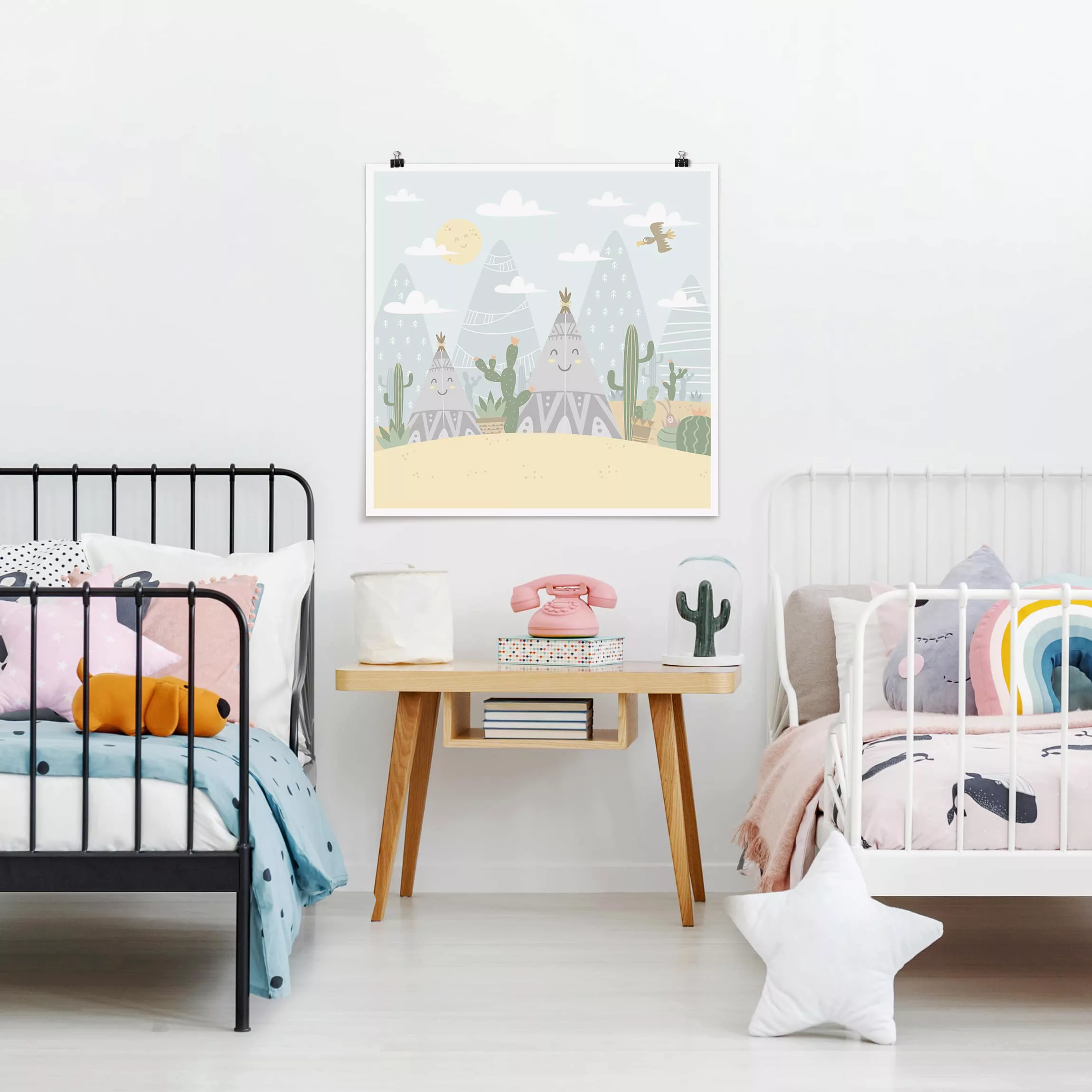 Poster Kinderzimmer - Quadrat Indianerzelt mit Kakteen günstig online kaufen