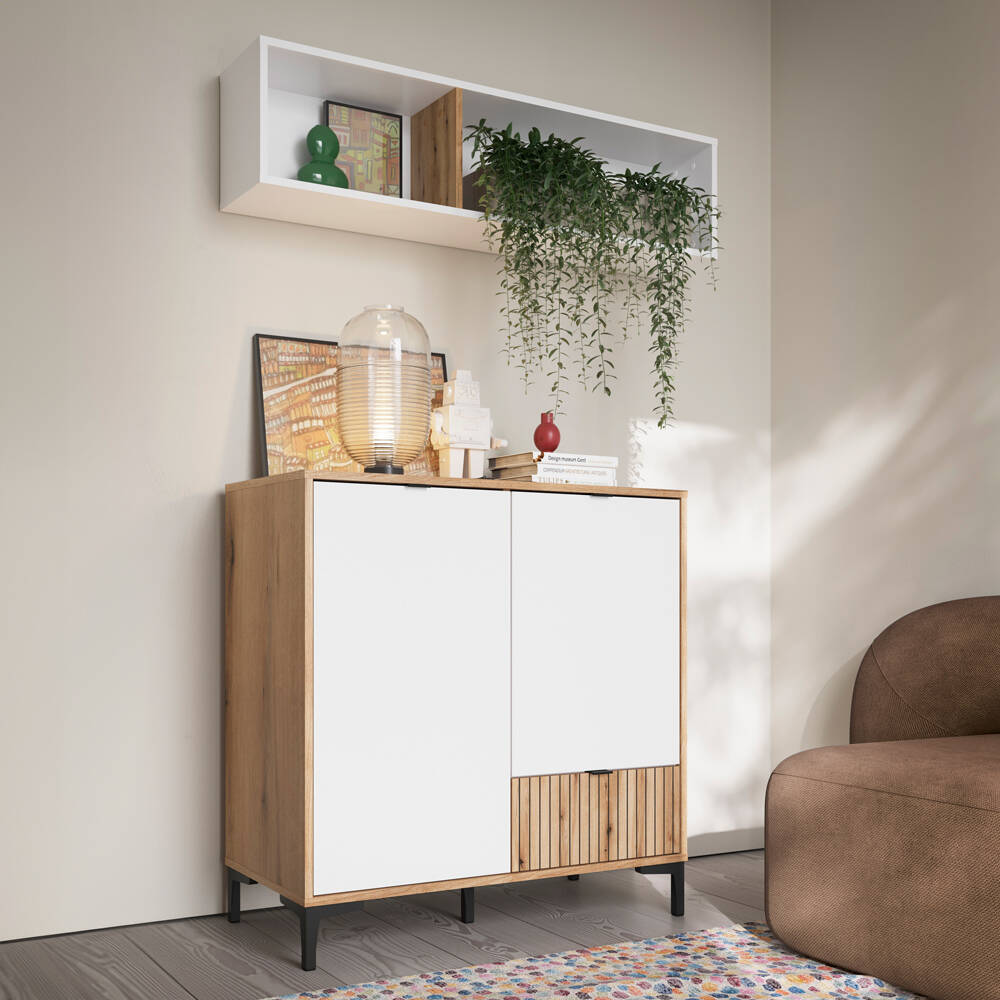 Highboard Set Eiche mit weiß und Rillen Design modern RISBY-129 2-teilig mi günstig online kaufen