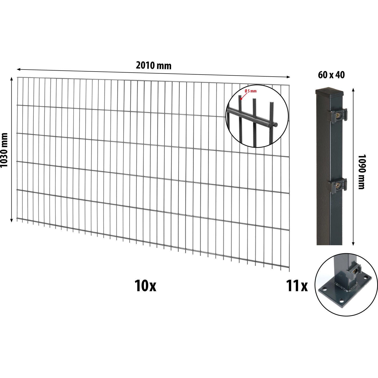 Floraworld Doppelstabmatten-Zaunset mit Bodenplatte Anthrazit 103 cm x 2000 günstig online kaufen