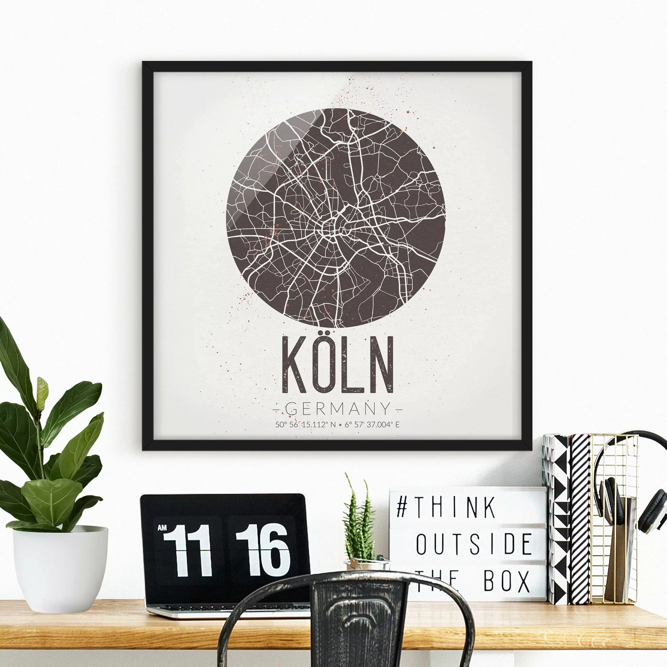 Bild mit Rahmen - Quadrat Stadtplan Köln - Retro günstig online kaufen