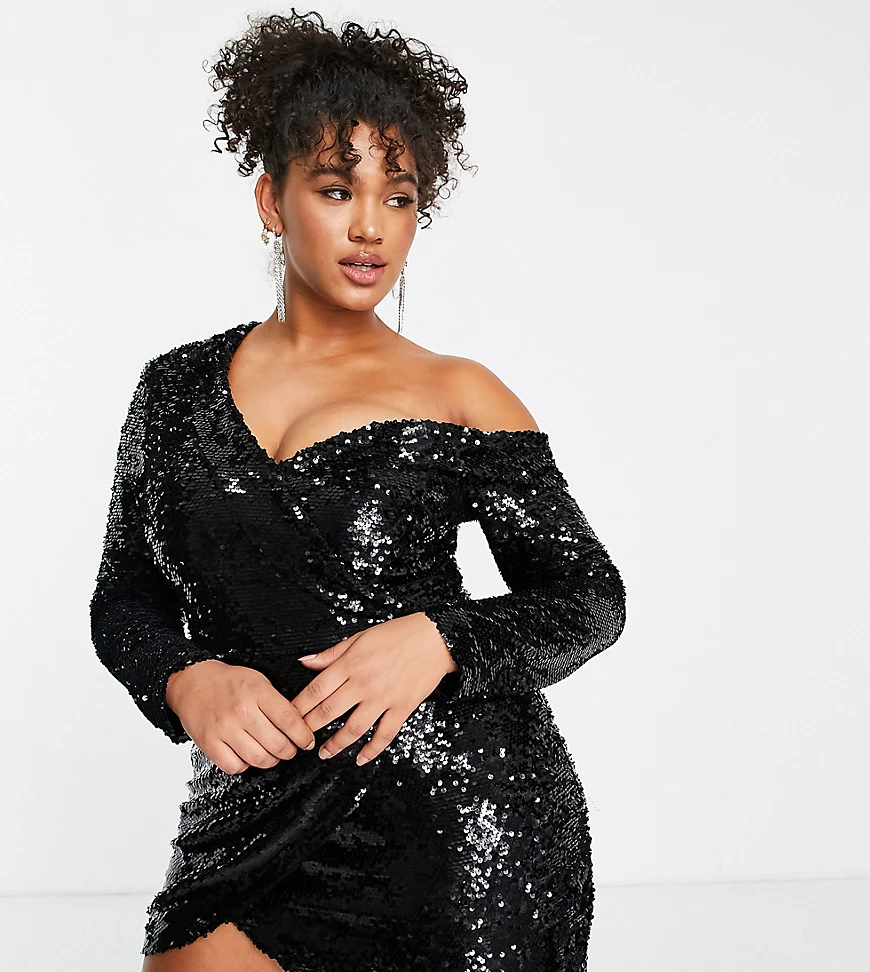 Lavish Alice Plus – Asymmetrisches Pailletten-Minikleid aus Samt in Schwarz günstig online kaufen