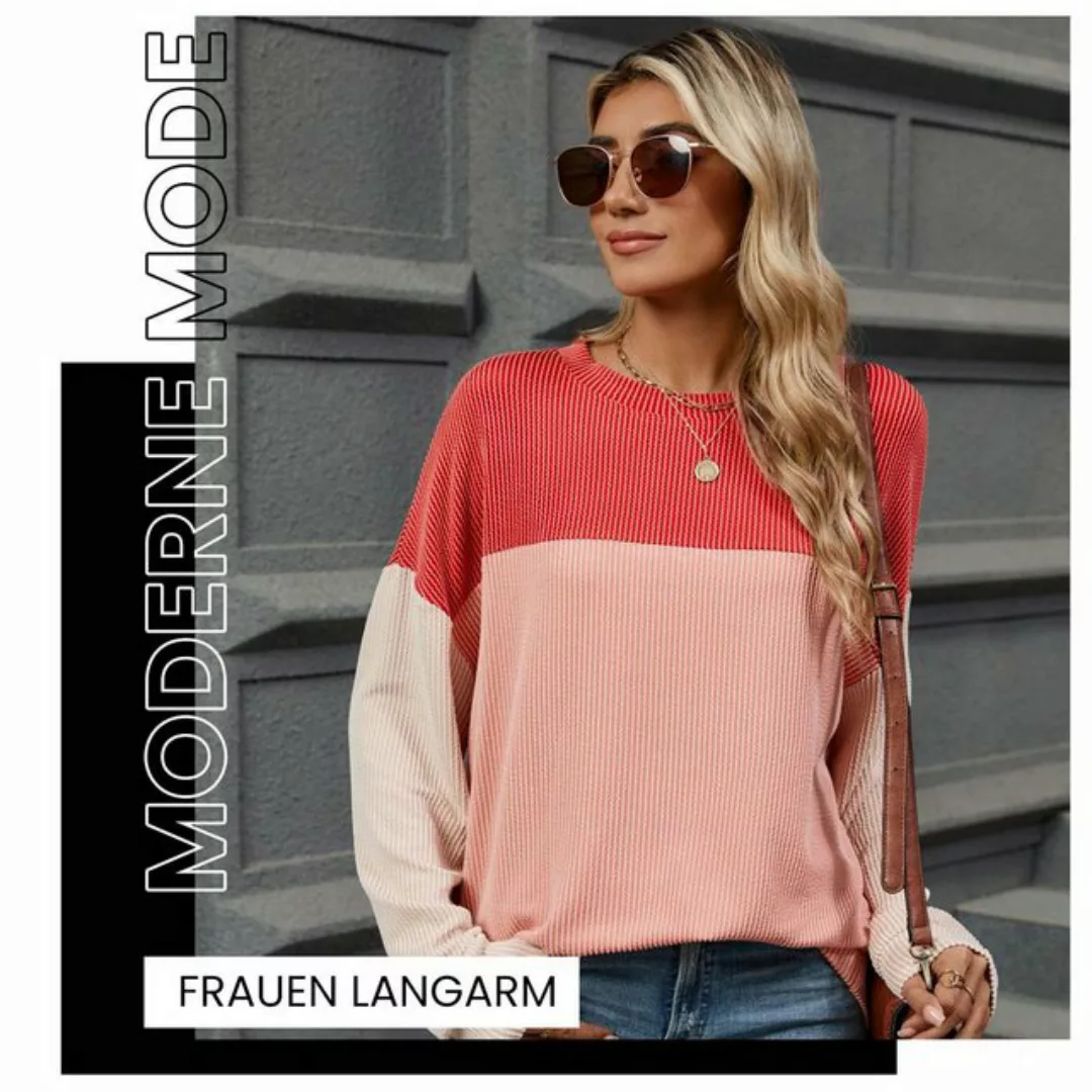 Zoclack Rundhalspullover Damen Strickpullover Farbblock Langarm Rundhals Pu günstig online kaufen