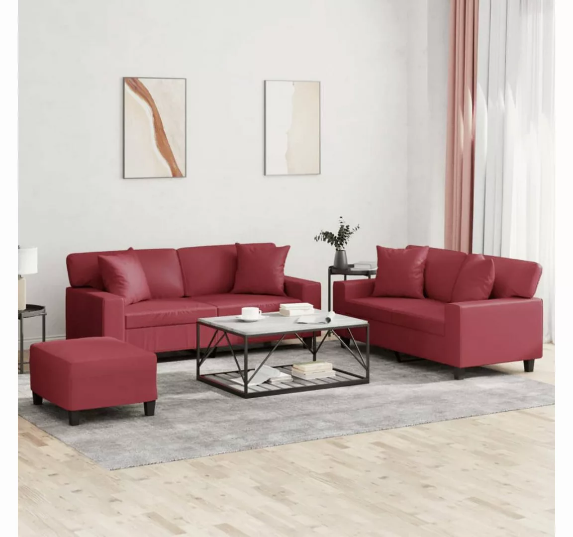 vidaXL Sofa, 3-tlg. Sofagarnitur mit Kissen Weinrot Kunstleder günstig online kaufen