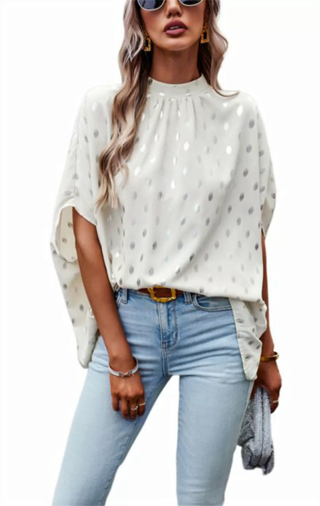 ZWY Kurzarmbluse Lockeres, gepunktetes Damenhemd, Freizeithemd mit Rundhals günstig online kaufen