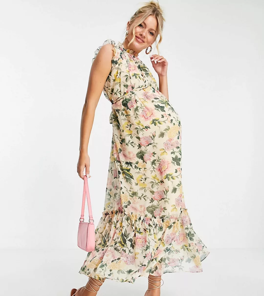 Hope & Ivy – Umstandsmode – Hochgeschlossenes Midaxi-Kleid mit Flügelärmeln günstig online kaufen