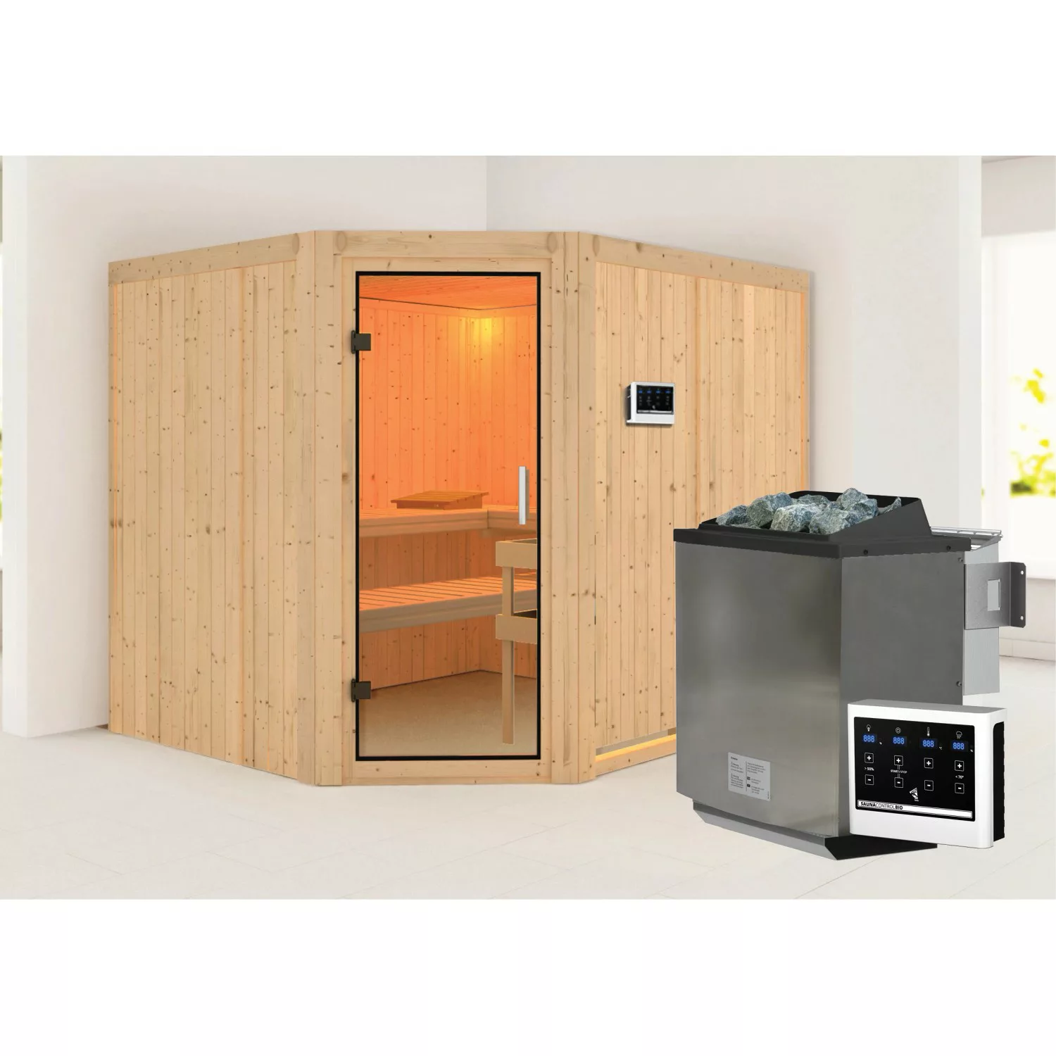 Karibu Sauna mit Bio-Ofen externe Stg.Easy Natur günstig online kaufen