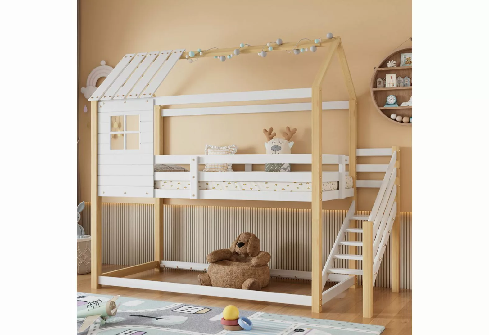 Flieks Etagenbett, Hochbett mit Treppe Hausbett Kinderbett Kiefer 90x200cm günstig online kaufen