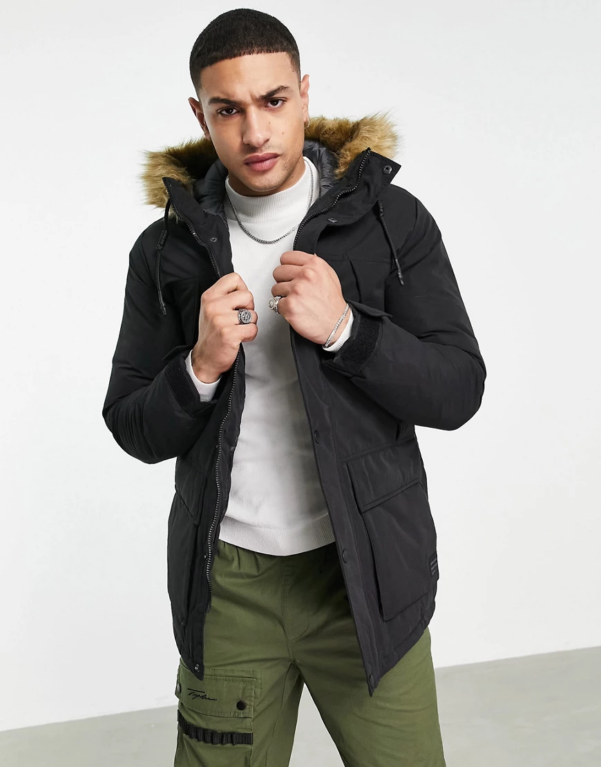 Jack & Jones – Originals – Parka in Marineblau mit Kunstpelzbesatz an der K günstig online kaufen