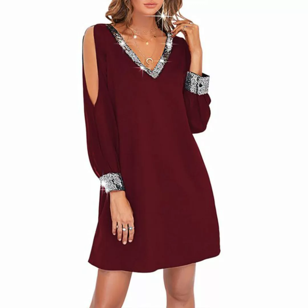 BlauWave Blusenkleid Einfarbiges Kleid mit tiefem V-Ausschnitt und Paillett günstig online kaufen