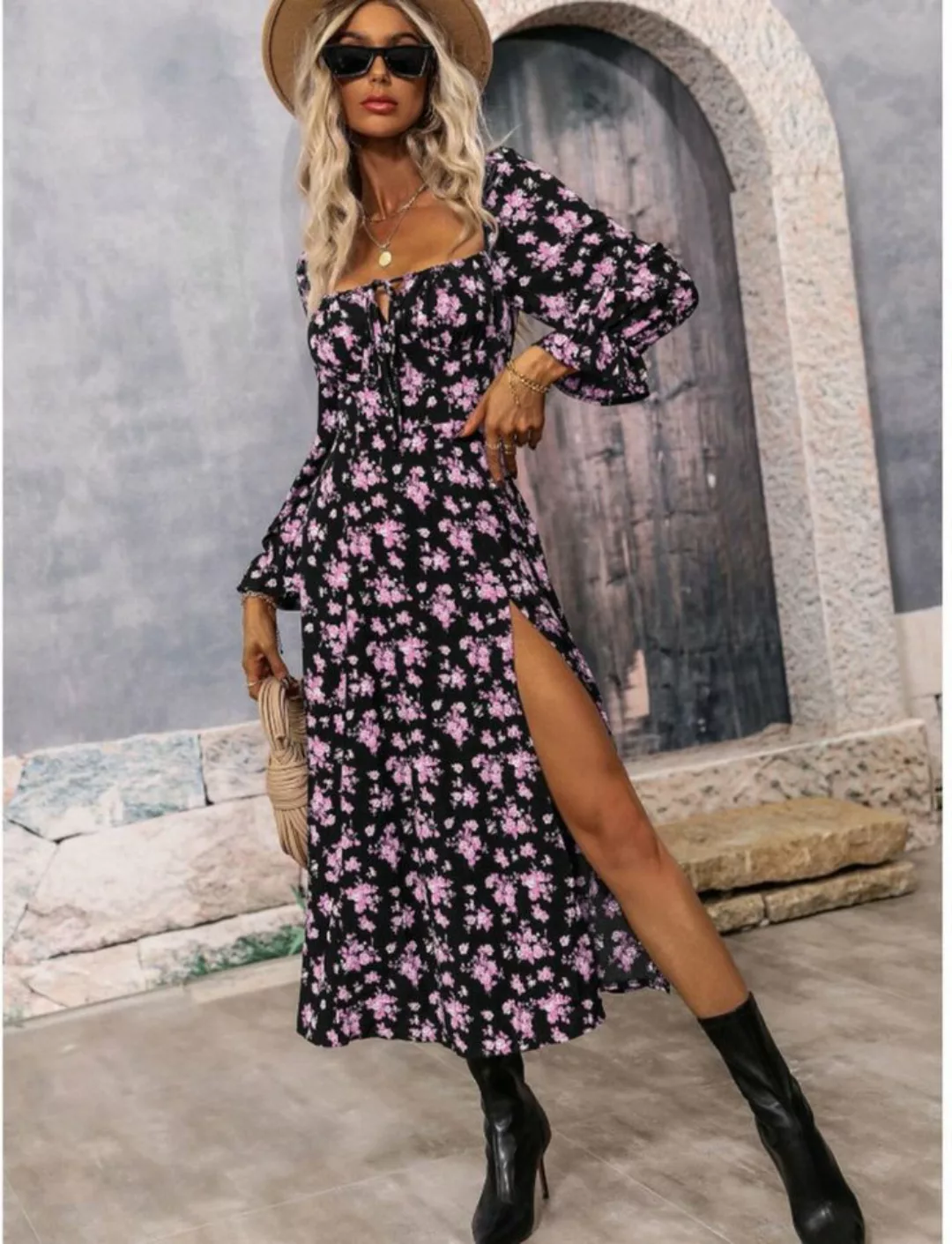 jalleria Dirndl Damen Bedrucktes langärmliges rückenfreies Kleid hoher Tail günstig online kaufen