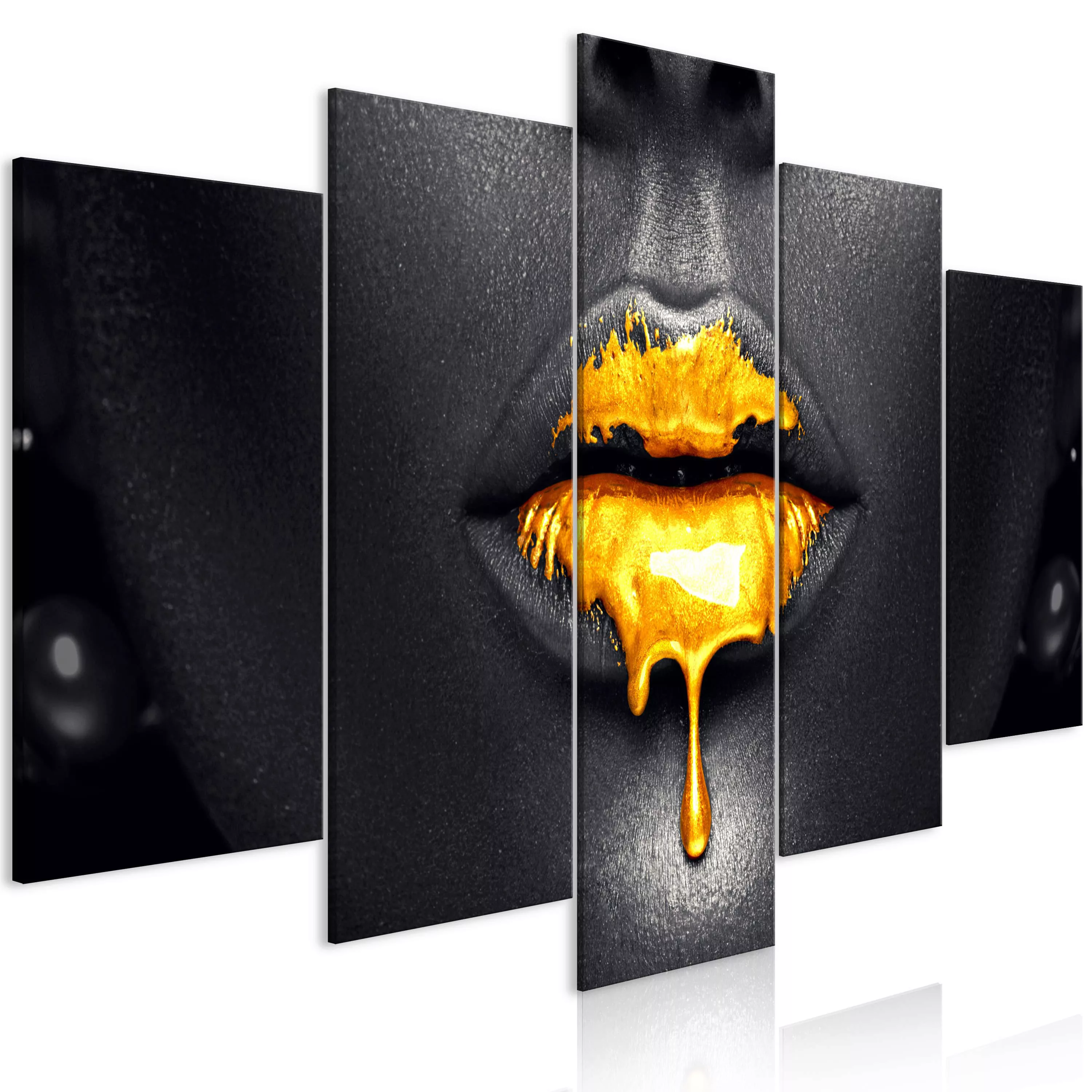 Wandbild - Gold Lips (5 Parts) Wide günstig online kaufen