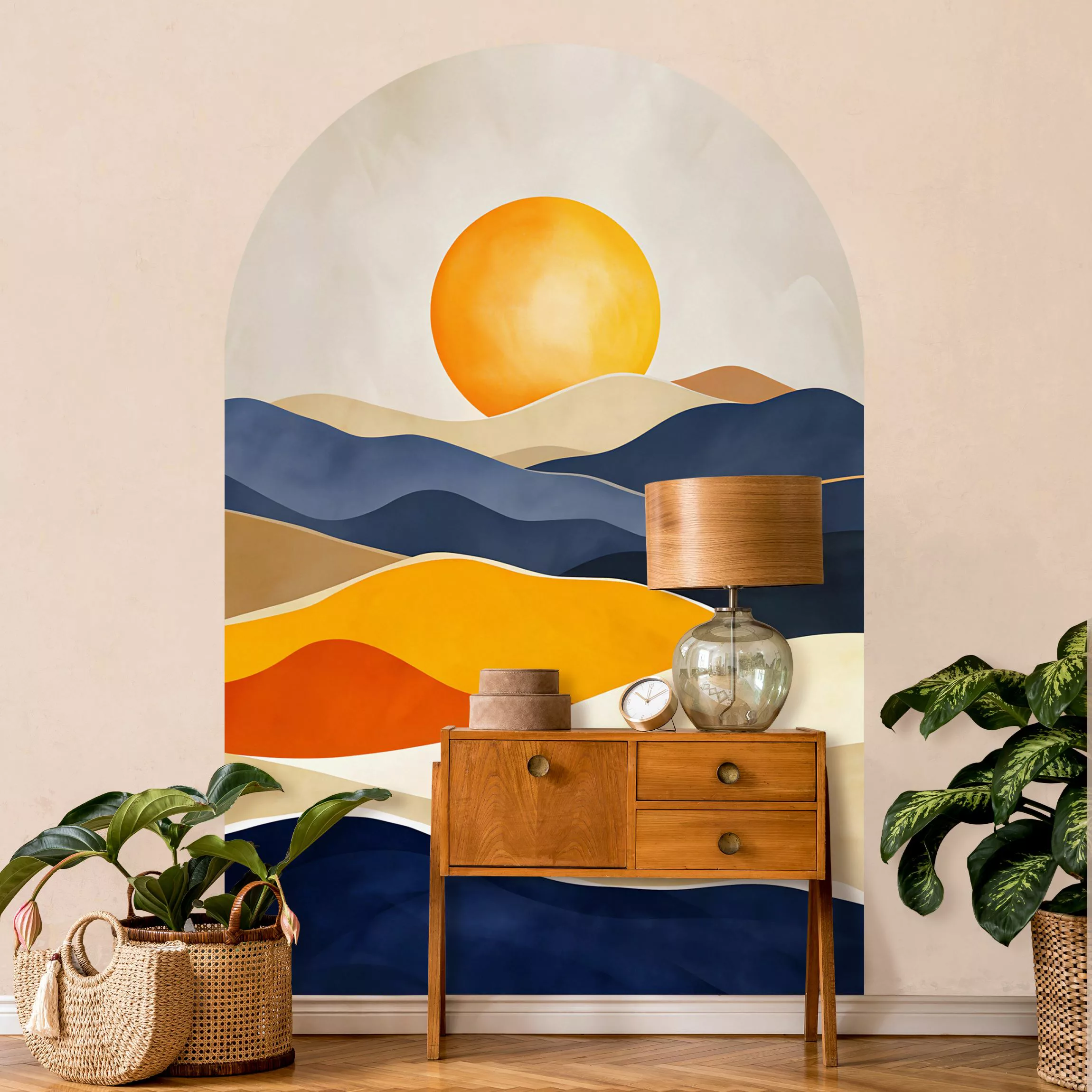 Rundbogen Tapete Minimalistische Boho Landschaft Orange Dunkelblau günstig online kaufen