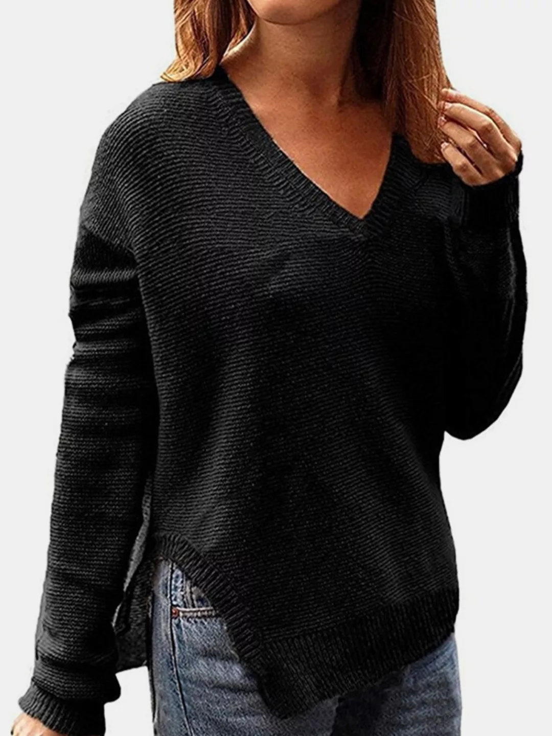 Einfarbiger Langarm-Pullover mit V-Ausschnitt und V-Ausschnitt für Damen günstig online kaufen
