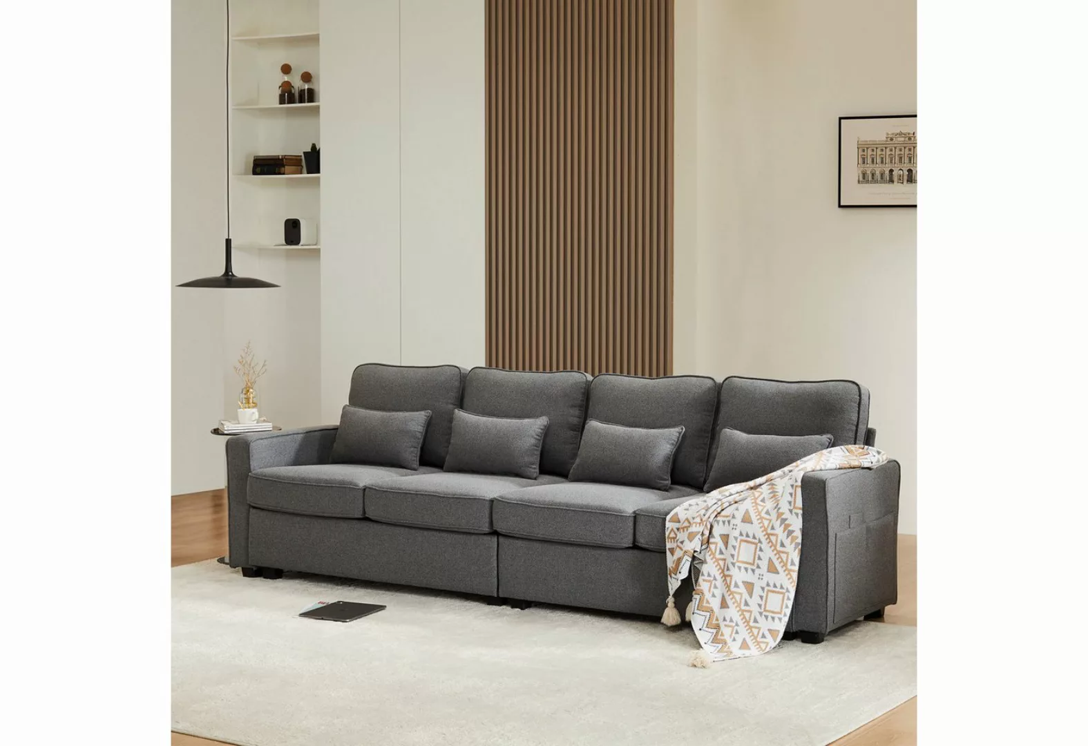 MODFU Sofa 4-Sitzer-Sofa aus Leinenstoff, Viersitzer-Sofa mit Armlehnentasc günstig online kaufen