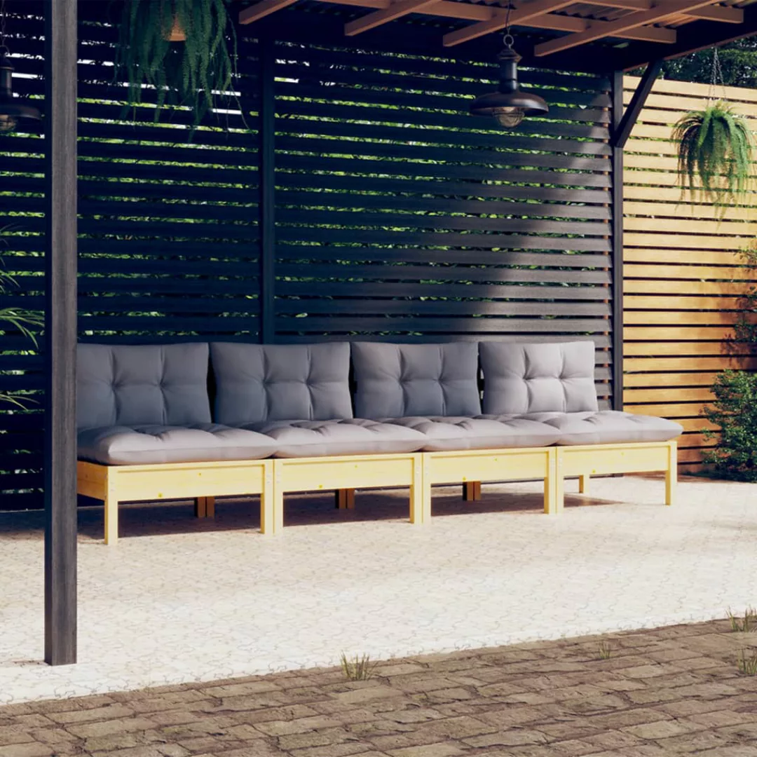 vidaXL Loungesofa 4-Sitzer-Gartensofa mit Grauen Kissen Massivholz Kiefer, günstig online kaufen