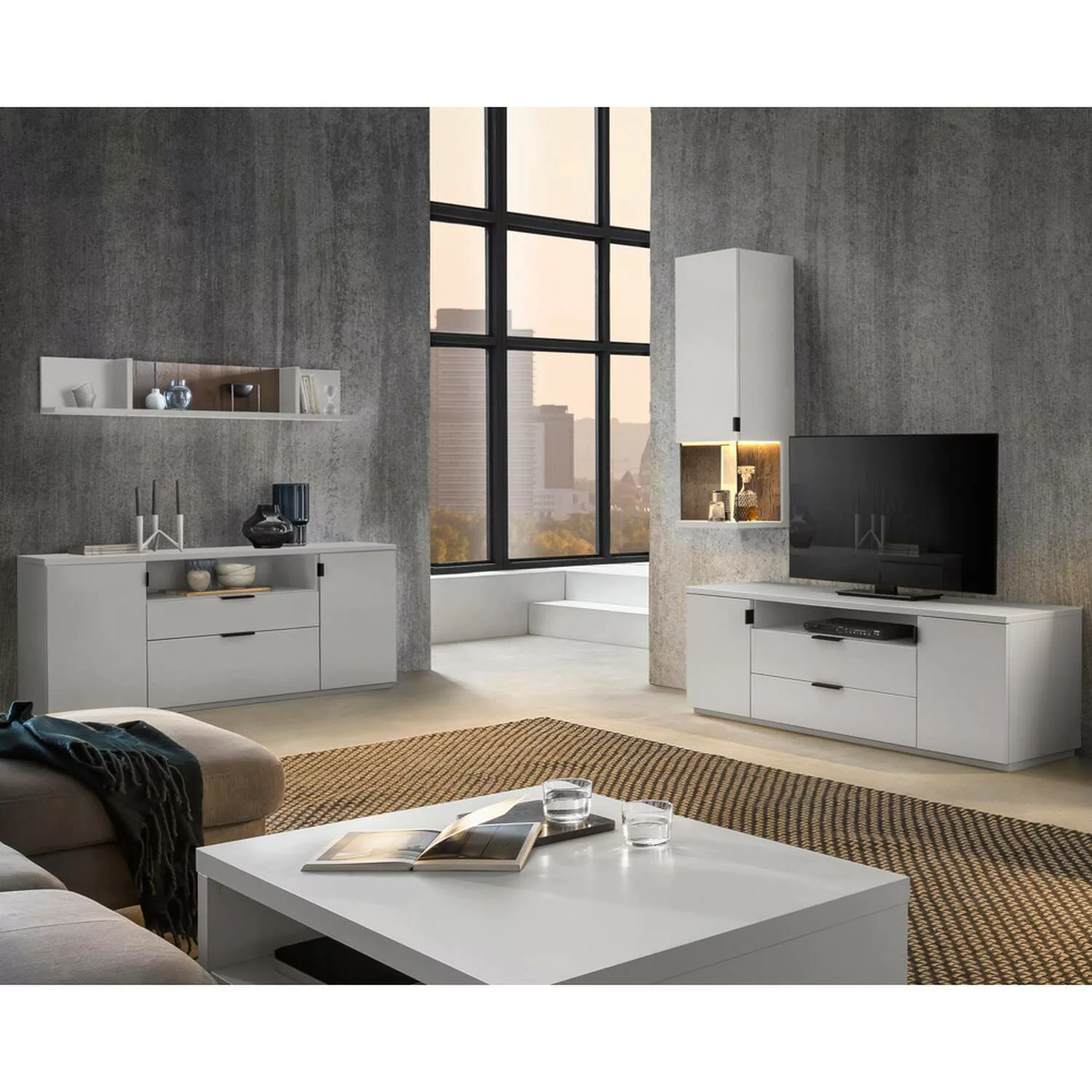 Wohnzimmer Möbel Set mit Couchtisch Lowboard Sideboard und Vitrine modern M günstig online kaufen