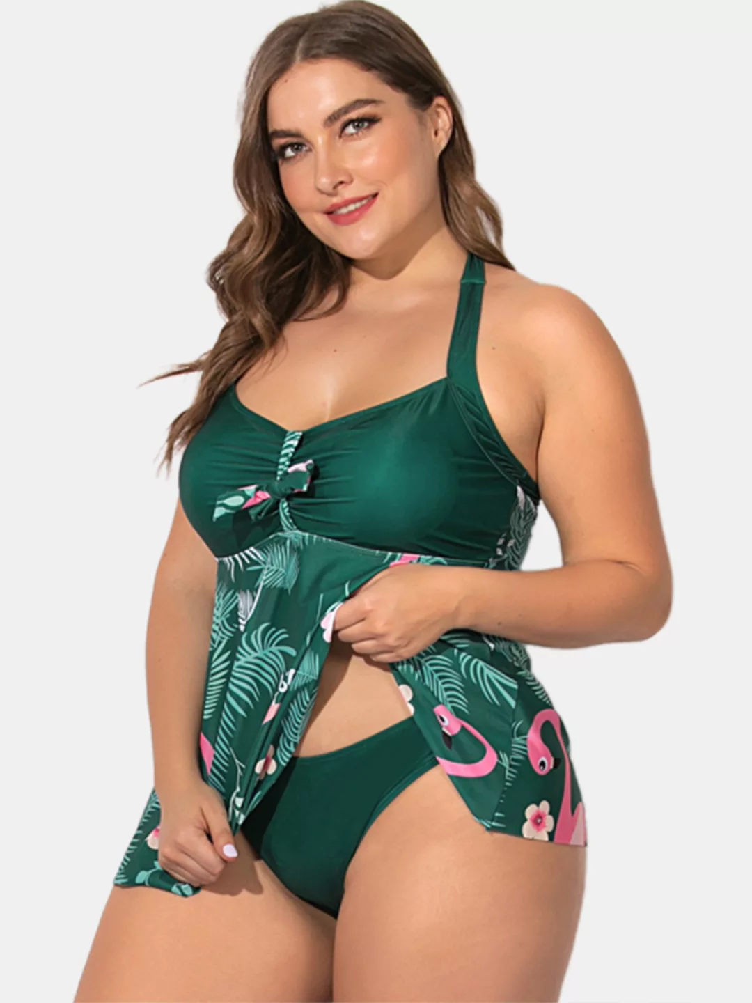 Plus Size Badekleid Tropical Print Neckholder Bowknot Cover Belly Damen Bad günstig online kaufen