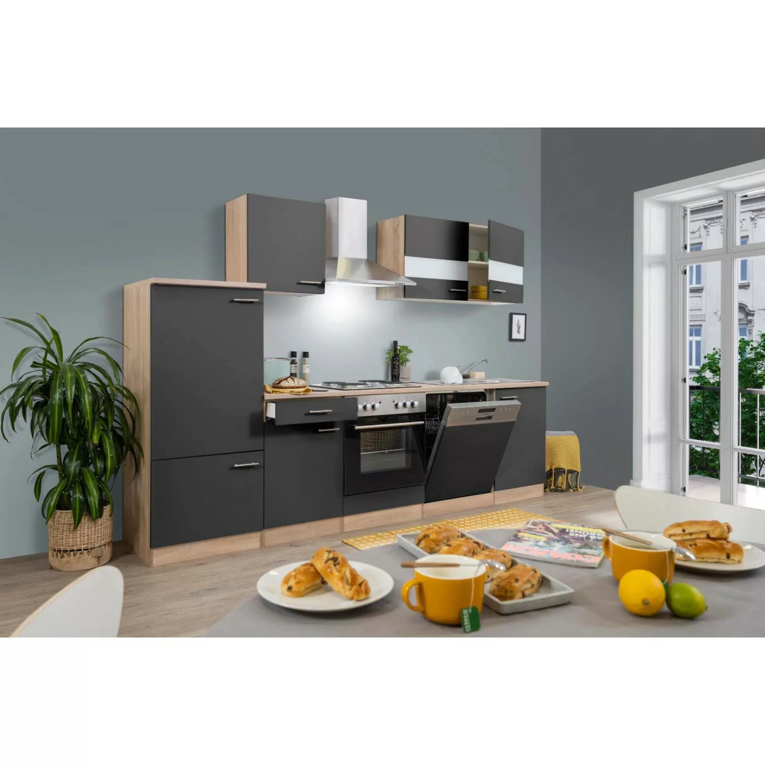 Respekta Küchenzeile ohne E-Geräte LBKB280ESG 280 cm Grau-Eiche Sonoma Säge günstig online kaufen