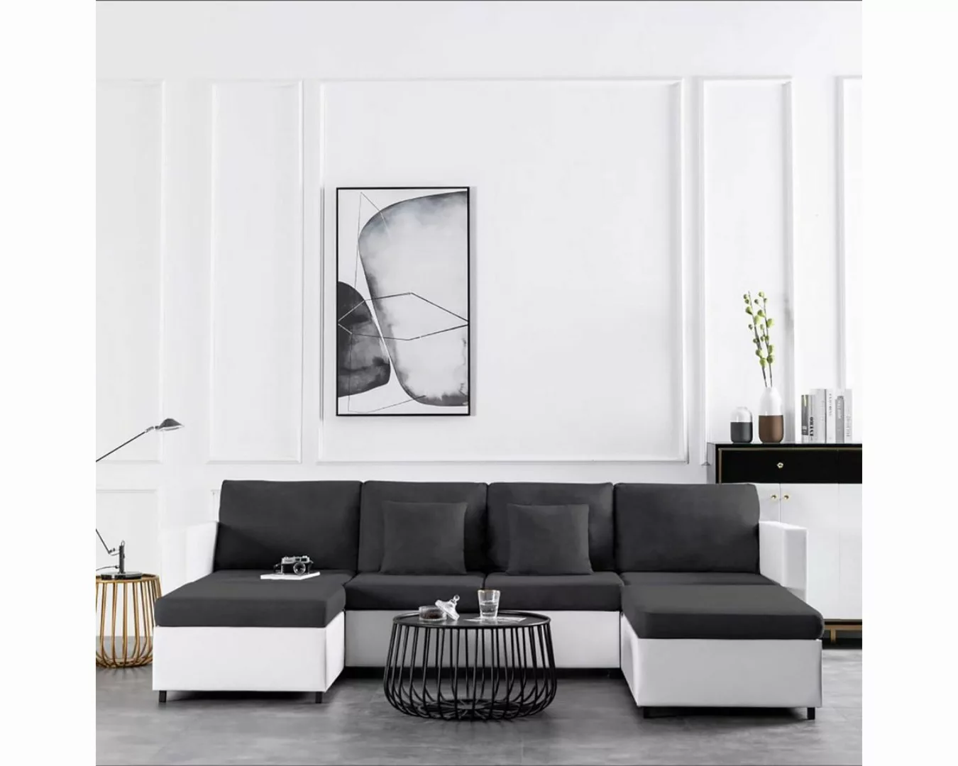DOTMALL Big-Sofa Ausziehbares 4-Sitzer-Schlafsofa aus Kunstleder in Weiß günstig online kaufen