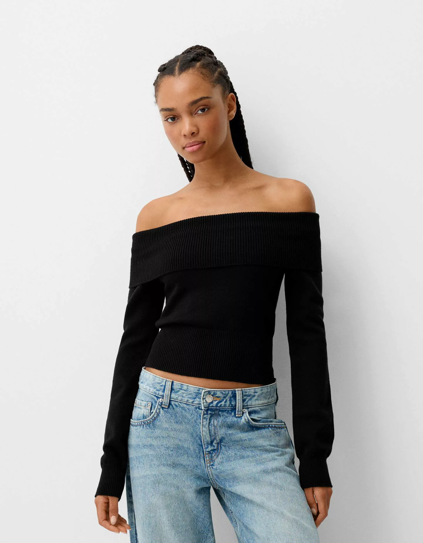 Bershka Pullover Mit Carmen-Ausschnitt Damen S Schwarz günstig online kaufen