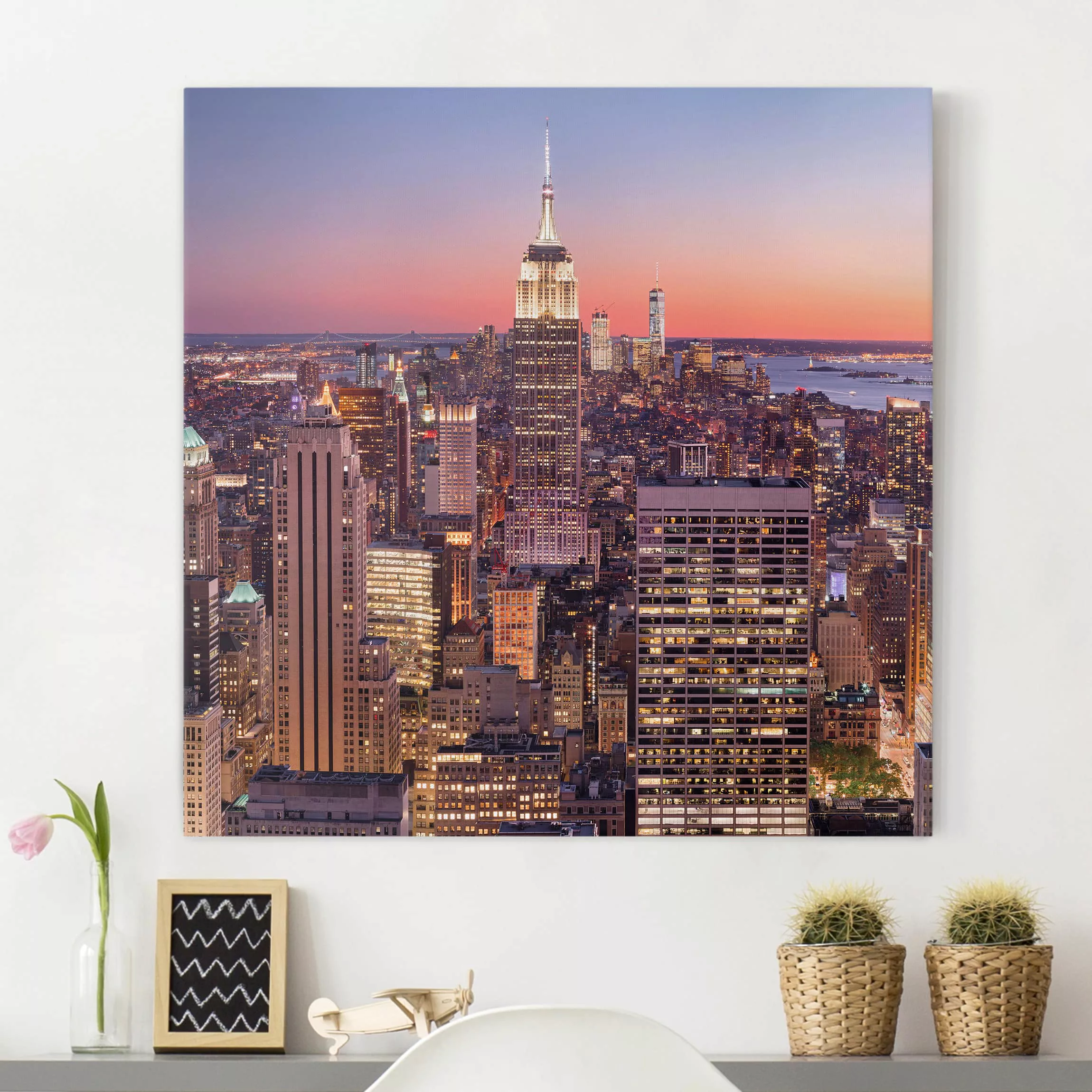 Leinwandbild - Quadrat Sonnenuntergang Manhattan New York City günstig online kaufen