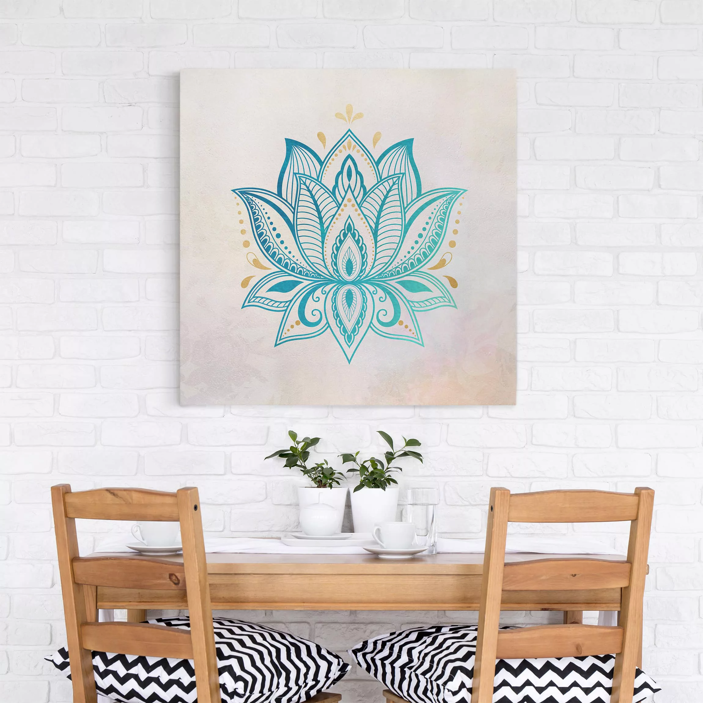 Leinwandbild Lotus Illustration Mandala gold blau günstig online kaufen