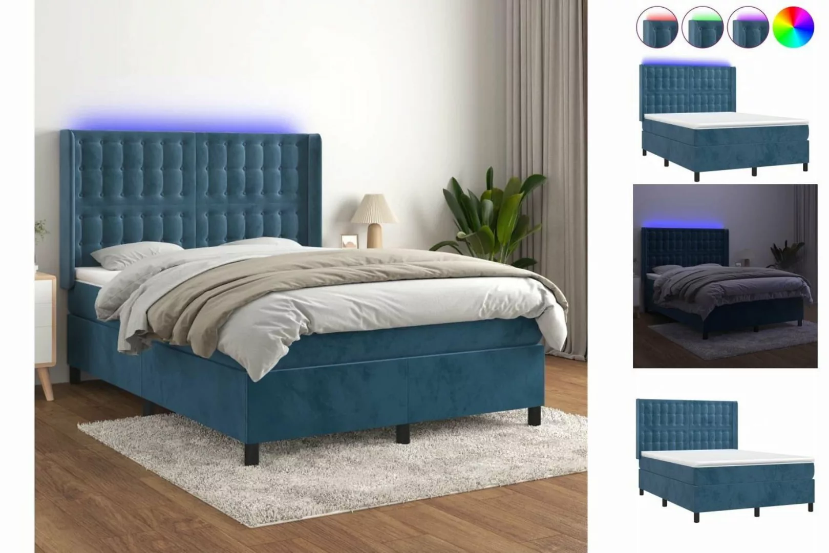 vidaXL Boxspringbett Boxspringbett mit Matratze LED Dunkelblau 140x200 cm S günstig online kaufen