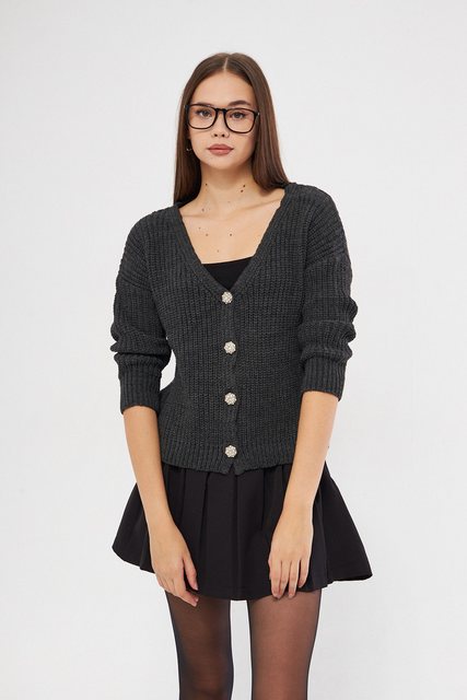 Kutaf Cardigan Anthrazitfarbener Basic-Strick-Cardigan mit V-Ausschnitt günstig online kaufen