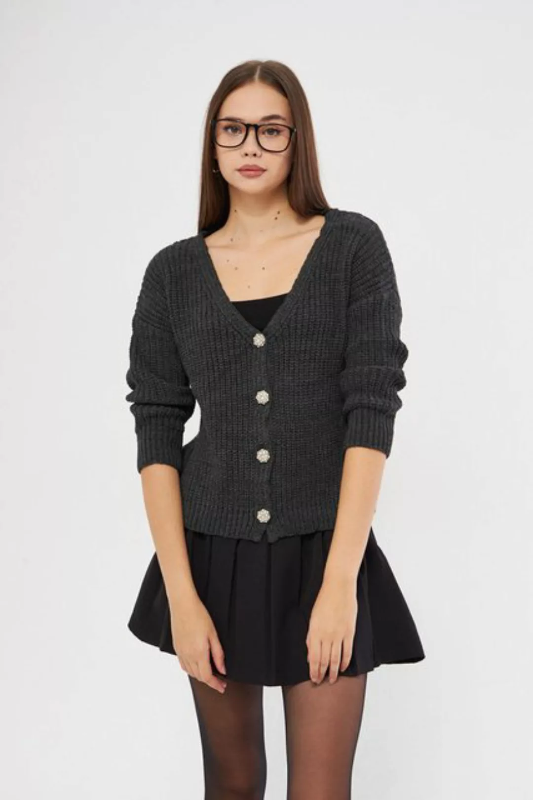 Kutaf Cardigan Anthrazitfarbener Basic-Strick-Cardigan mit V-Ausschnitt günstig online kaufen