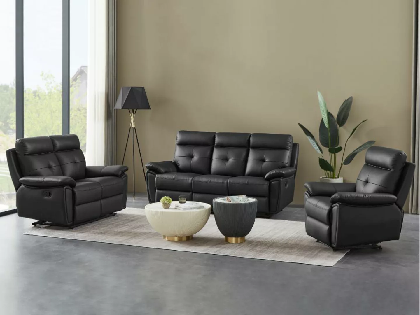 Relaxsofa 3-Sitzer und Relaxsessel - Leder - Schwarz - VINETA günstig online kaufen