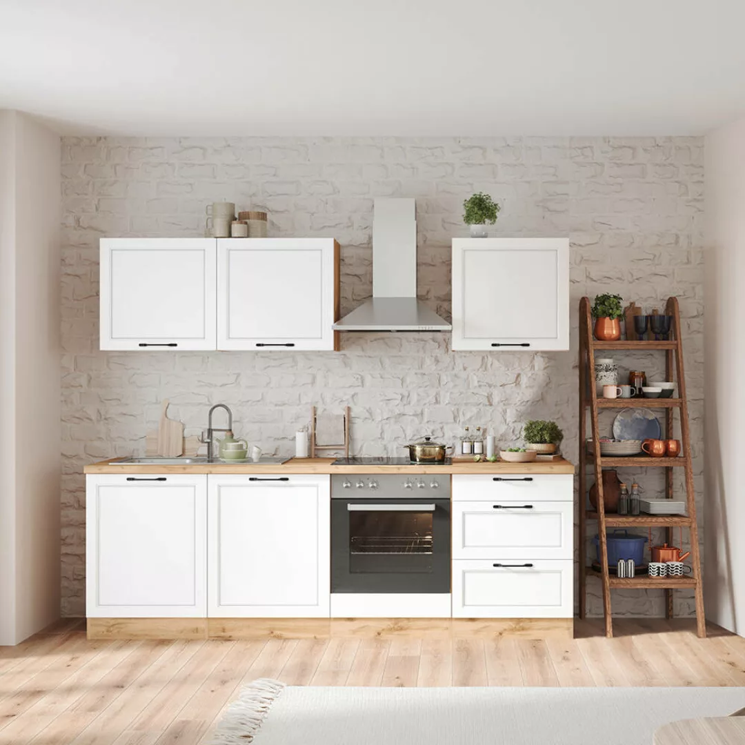 Küchenzeile 240 cm mit E-Geräten in weiß und Eiche, Arbeitsplatte in Eiche, günstig online kaufen