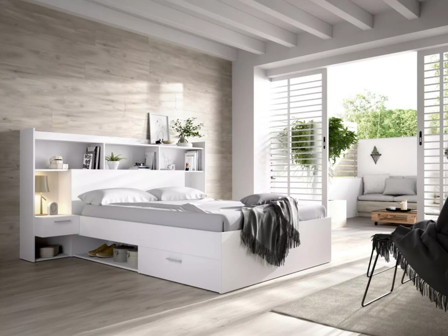 Bett mit Stauraum & integrierten Nachttischen + Lattenrost + Matratze - 140 günstig online kaufen