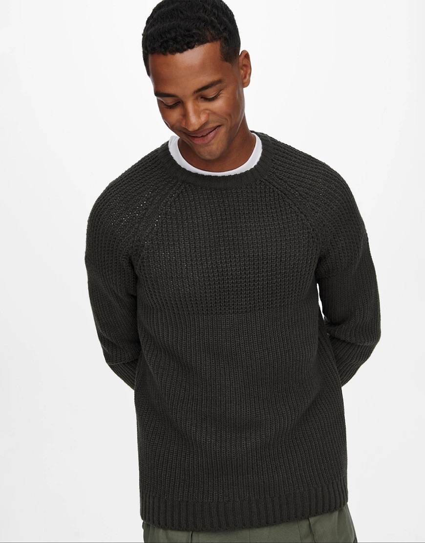 Only & Sons – Strukturierter Raglan-Pullover in Grün günstig online kaufen