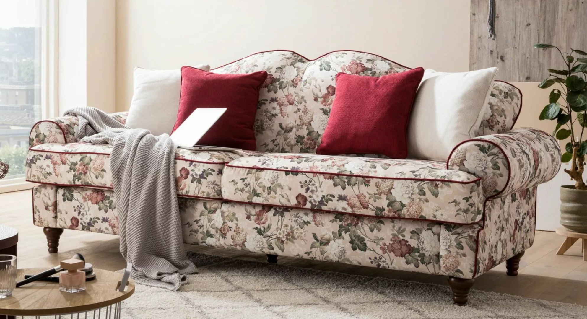 Furn.Design Sofa Elita, 3,5-Sitzer in beige mit Blumenmuster, Landhausstil, günstig online kaufen