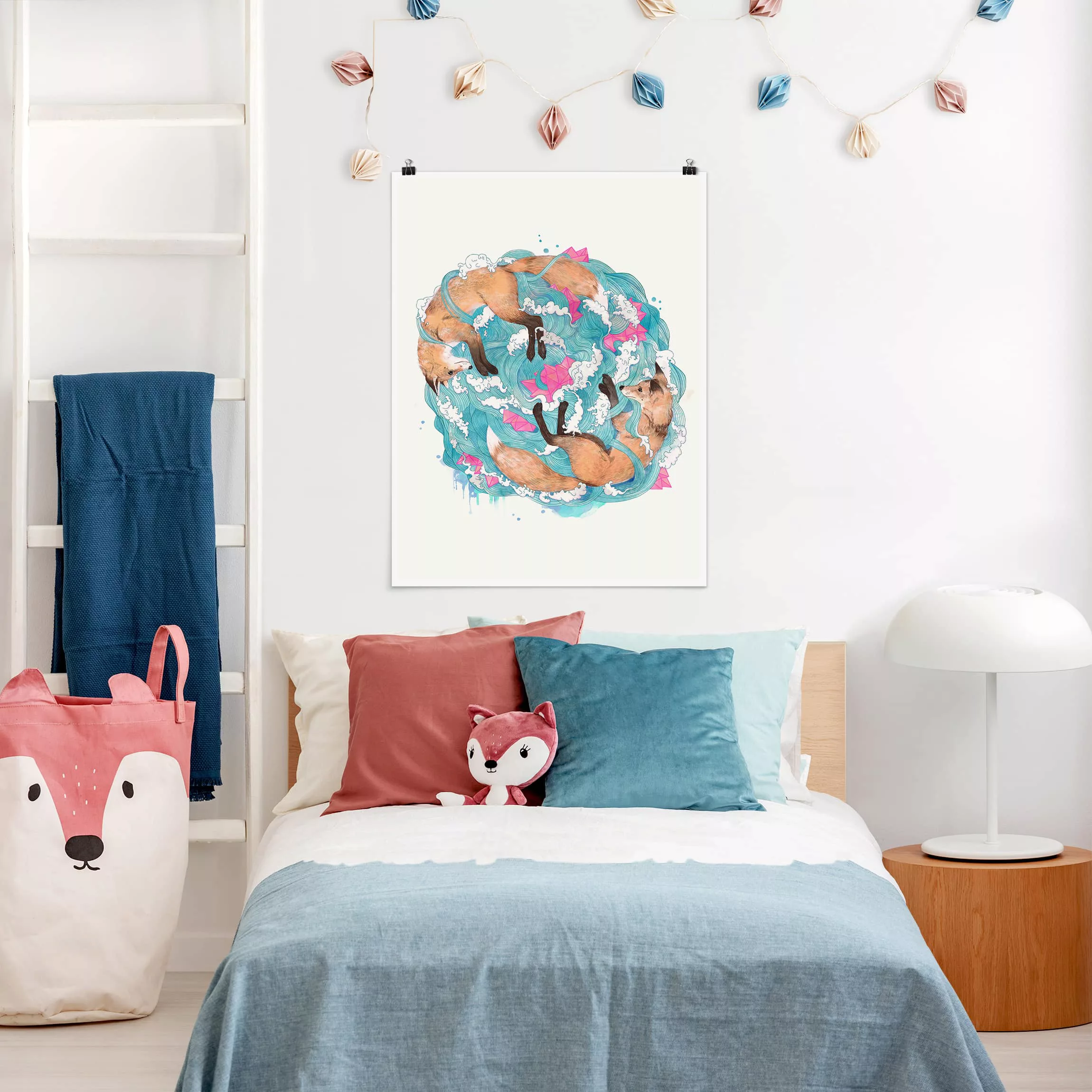 Poster Tiere - Hochformat Illustration Füchse und Wellen Malerei günstig online kaufen