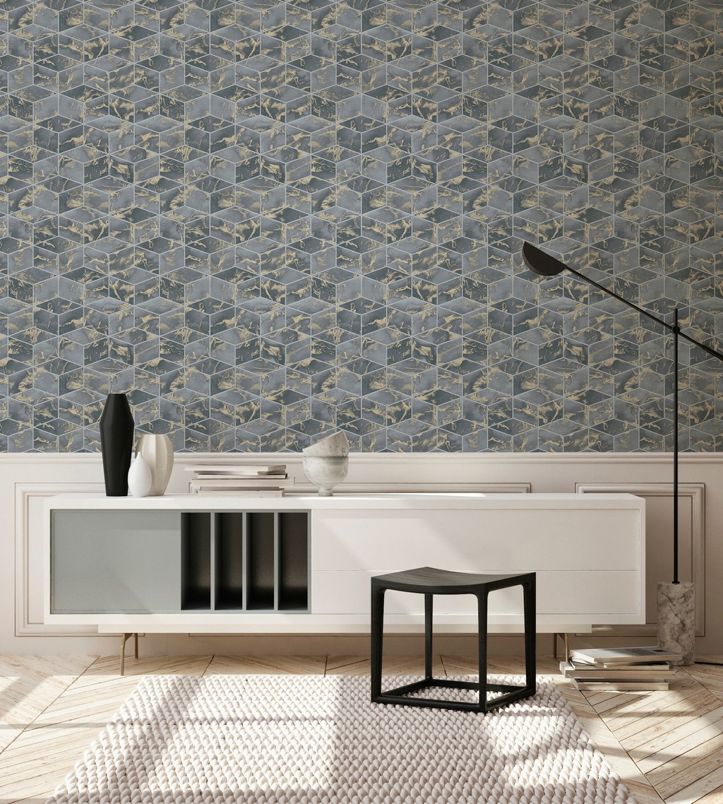 Bricoflor Rauten Vliestapete Blau Grau Gold Moderne Mosaik Tapete in Marmor günstig online kaufen