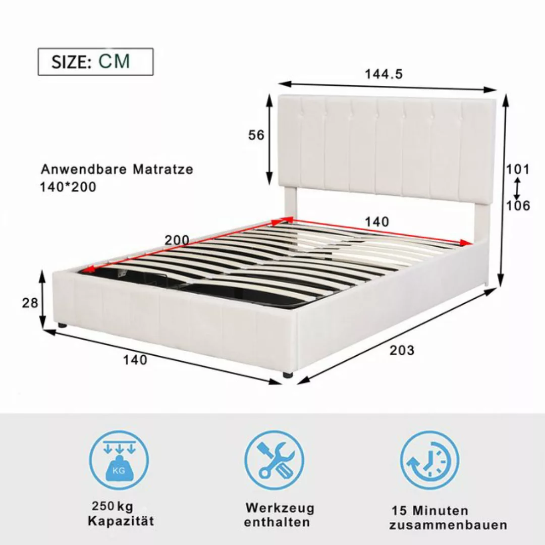 Ulife Polsterbett Jugendbett Doppelbett mit Hydraulisch anhebbarer Bettstau günstig online kaufen