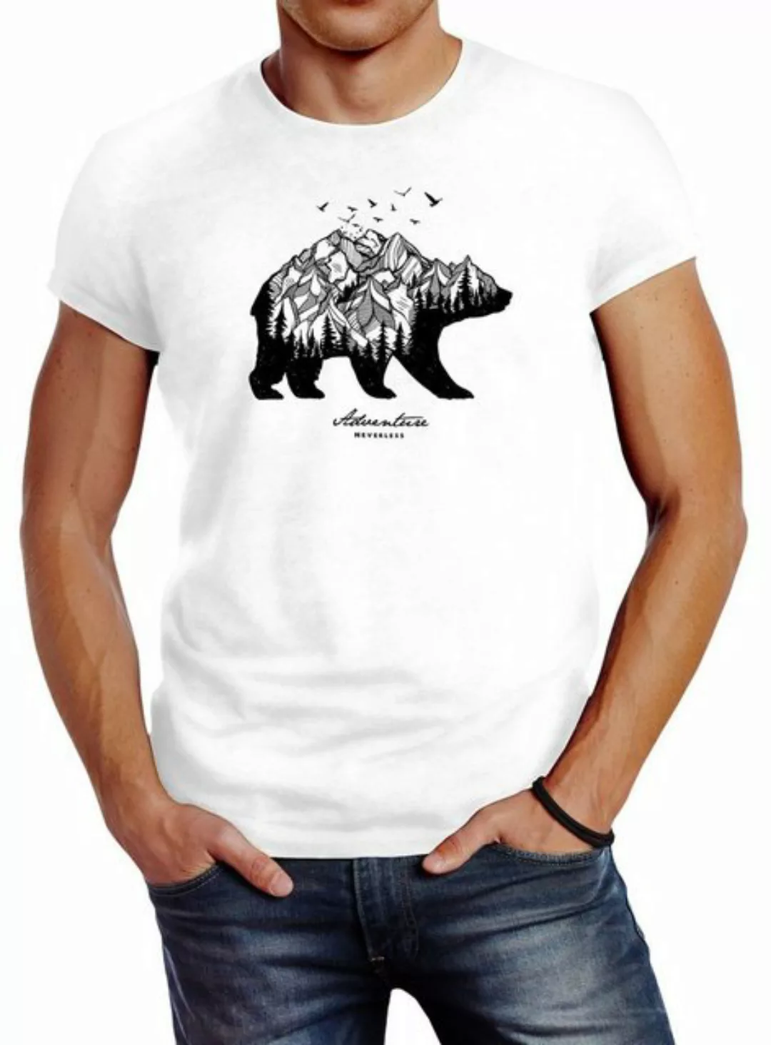 Neverless Print-Shirt Herren T-Shirt Bär Abenteuer Berge Wald Bear Mountain günstig online kaufen