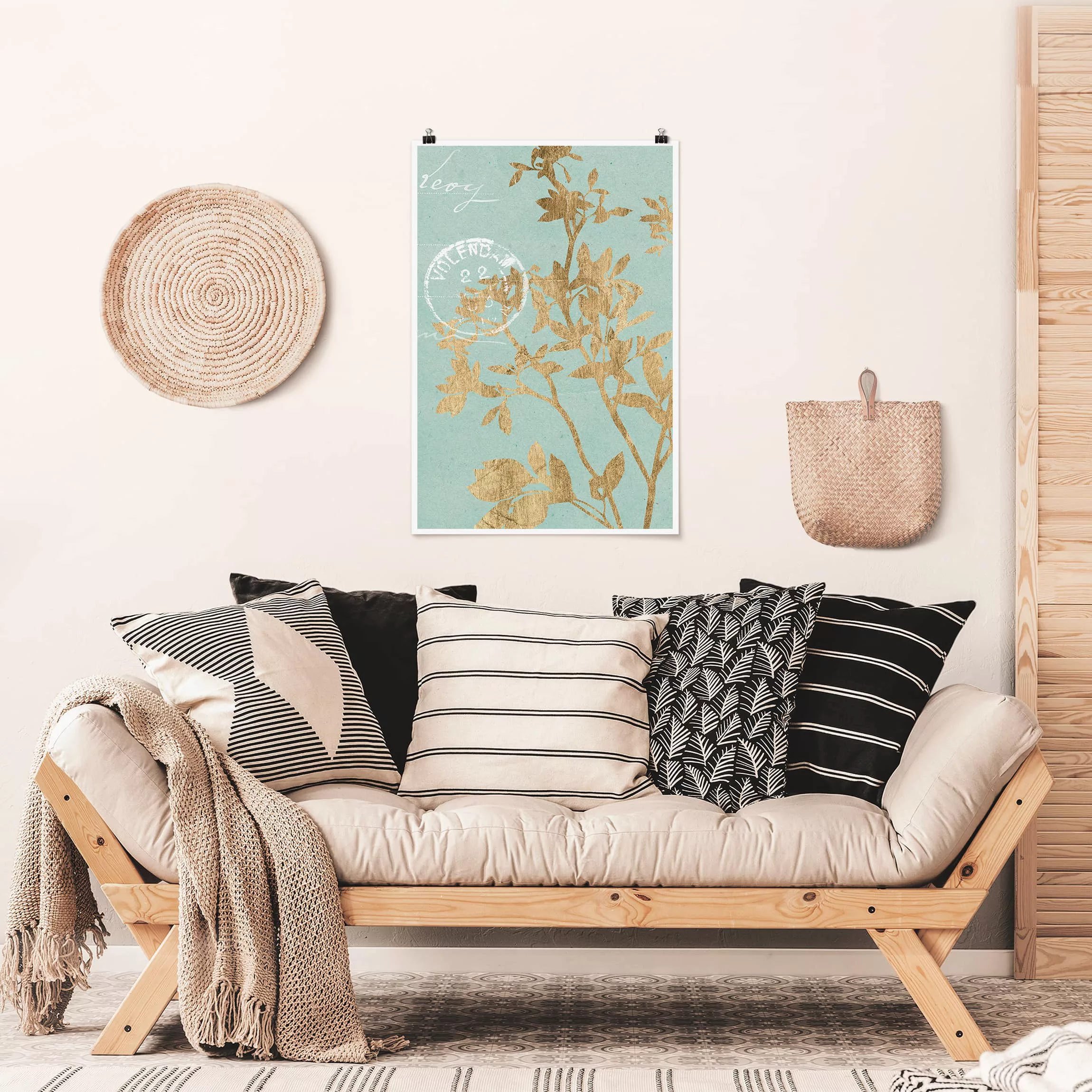 Poster Blumen - Hochformat Goldene Blätter auf Turquoise II günstig online kaufen