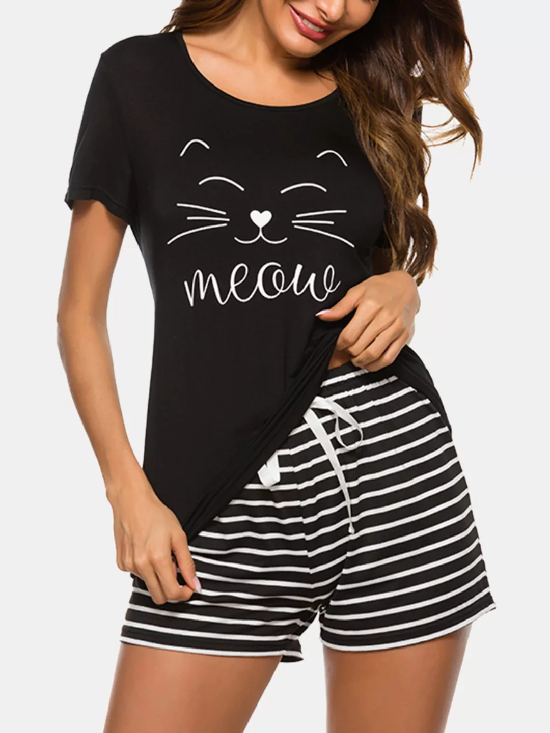 Damen Modal Pyjamas Set Niedlich Katze Print Letters Softies Nachtwäsche mi günstig online kaufen