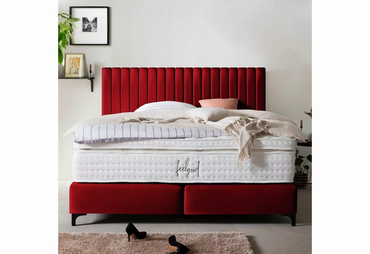 BettCo Boxspringbett Paris (in Rot Samt), Pfeifensteppung Design + optional günstig online kaufen