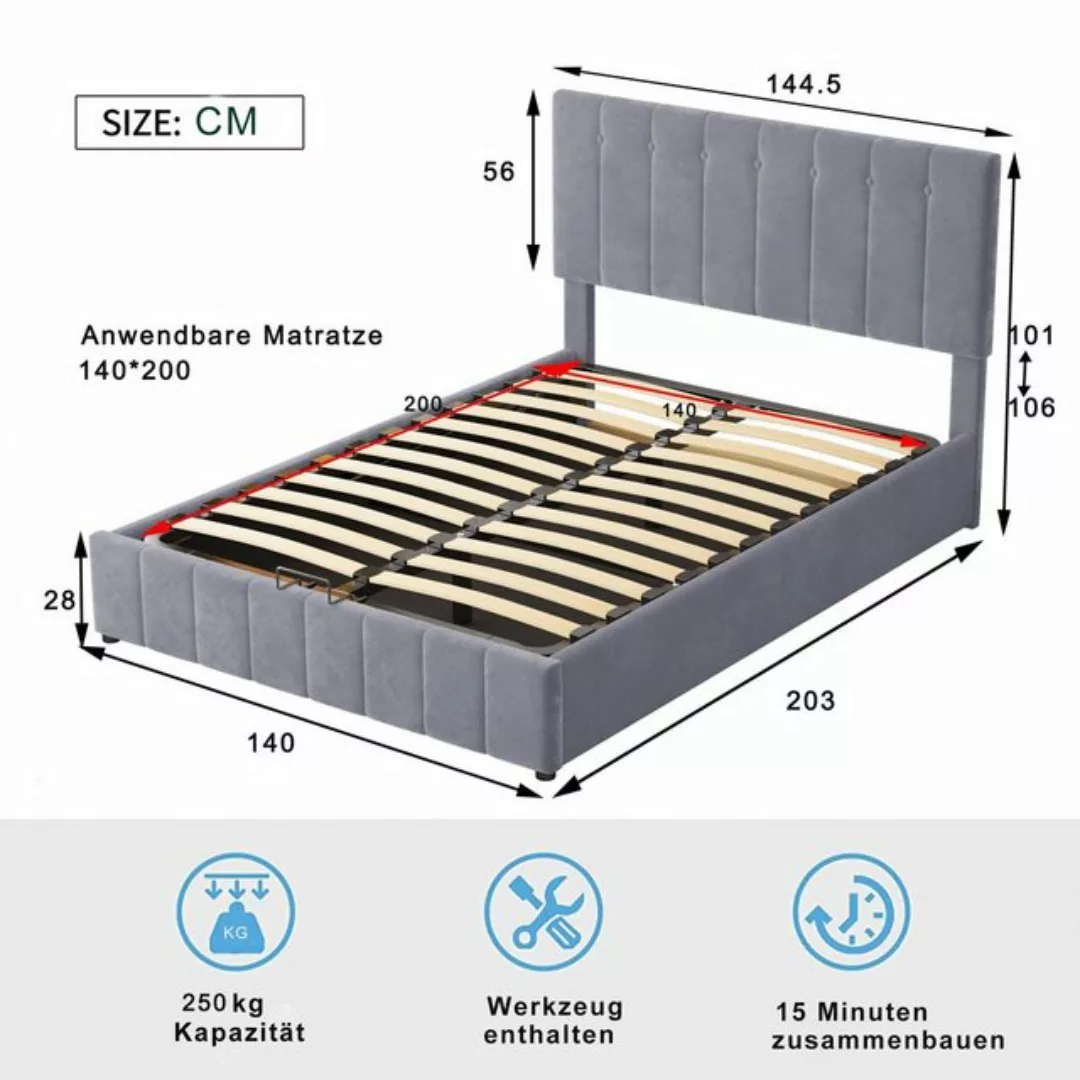 WISHDOR Polsterbett Doppelbett Bett 140*200 cm Hydraulisch Bettgestell ohne günstig online kaufen